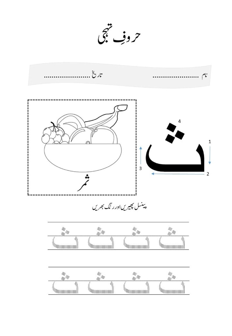 An Urdu practice sheet featuring the letter Say with stroke numbers, accompanied by a line drawing of a bowl filled with various fruits.