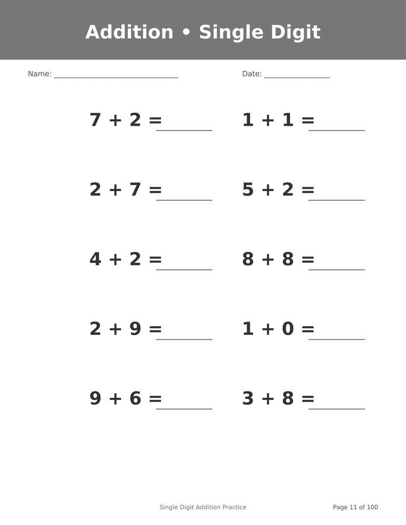 May include: A white educational worksheet titled Addition &bull; Single Digit with a gray header. It features ten math problems with single-digit numbers and blank lines for answers. The bottom includes the text Single Digit Addition Practice and Page 11 of 100.