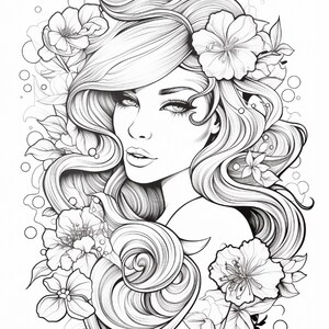 May include: A black and white line art illustration featuring a person with long, flowing, wavy hair adorned with large hibiscus flowers and leaves. The portrait focuses on the face with detailed eyes and lips, surrounded by circular bubbles.