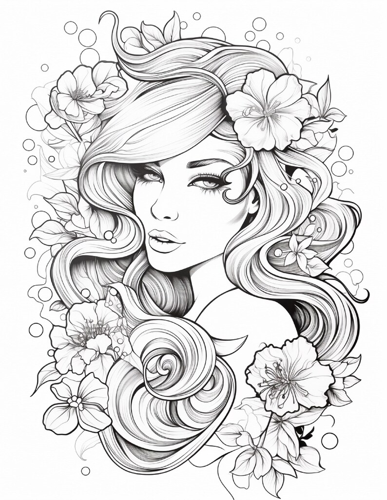 May include: A black and white line art illustration featuring a person with long, flowing, wavy hair adorned with large hibiscus flowers and leaves. The portrait focuses on the face with detailed eyes and lips, surrounded by circular bubbles.