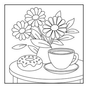 May include: A black and white line art illustration featuring a round table holding a vase with three large daisy-like flowers, a circular doughnut with small circular sprinkles, and a tea cup resting on a matching saucer with a handle on the right.