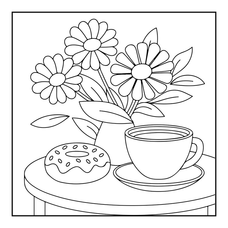May include: A black and white line art illustration featuring a round table holding a vase with three large daisy-like flowers, a circular doughnut with small circular sprinkles, and a tea cup resting on a matching saucer with a handle on the right.