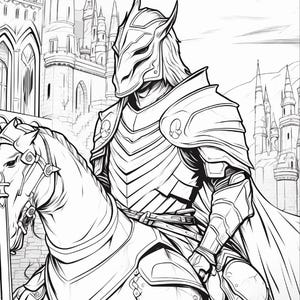 Op de afbeelding: Een zwart-wit lijntekening van een ridder in volledig harnas met een gehoornde helm op een paard. De ridder draagt een lange cape en houdt de teugels vast. Op de achtergrond zijn hoge stenen kasteeltorens en spitsen afgebeeld.