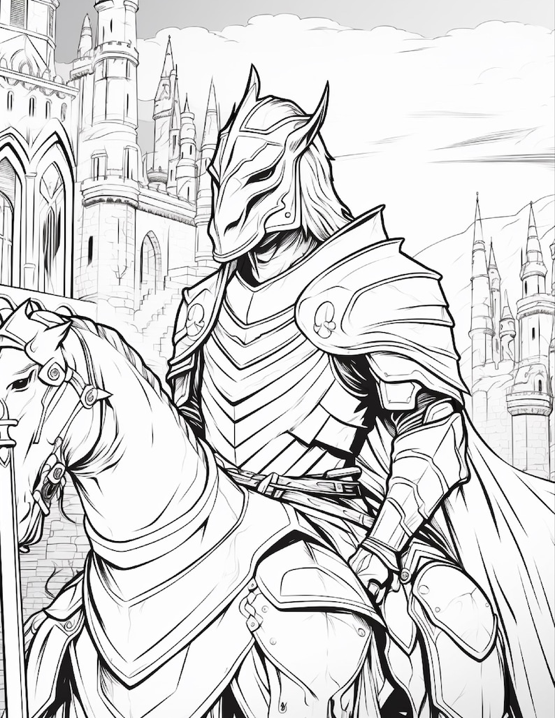 Op de afbeelding: Een zwart-wit lijntekening van een ridder in volledig harnas met een gehoornde helm op een paard. De ridder draagt een lange cape en houdt de teugels vast. Op de achtergrond zijn hoge stenen kasteeltorens en spitsen afgebeeld.