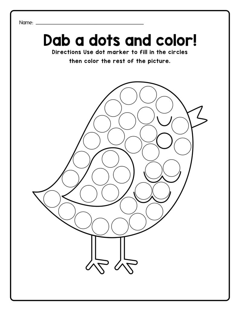 A printable coloring worksheet featuring an outline of a bird filled with circles for dot markers and instructions to dab dots and color.