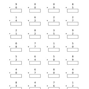 May include: A black and white educational worksheet titled Math - Addition Single Digit, featuring seven rows of four vertical addition problems. Each problem consists of two single-digit numbers stacked with a plus sign and an empty rectangular box.
