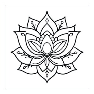 Pu&ograve; includere: Un'illustrazione a linee bianche e nere di un fiore di loto simmetrico. Il design presenta molteplici strati di petali appuntiti con segni decorativi interni, inclusi piccoli steli e forme a foglia, centrati all'interno di una cornice quadrata.