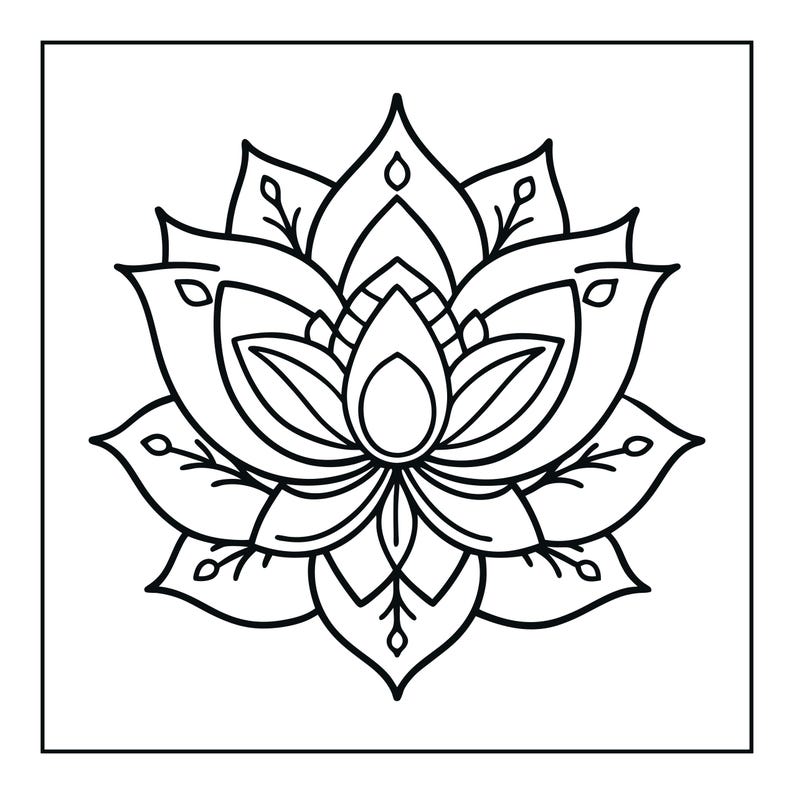 Pu&ograve; includere: Un'illustrazione a linee bianche e nere di un fiore di loto simmetrico. Il design presenta molteplici strati di petali appuntiti con segni decorativi interni, inclusi piccoli steli e forme a foglia, centrati all'interno di una cornice quadrata.