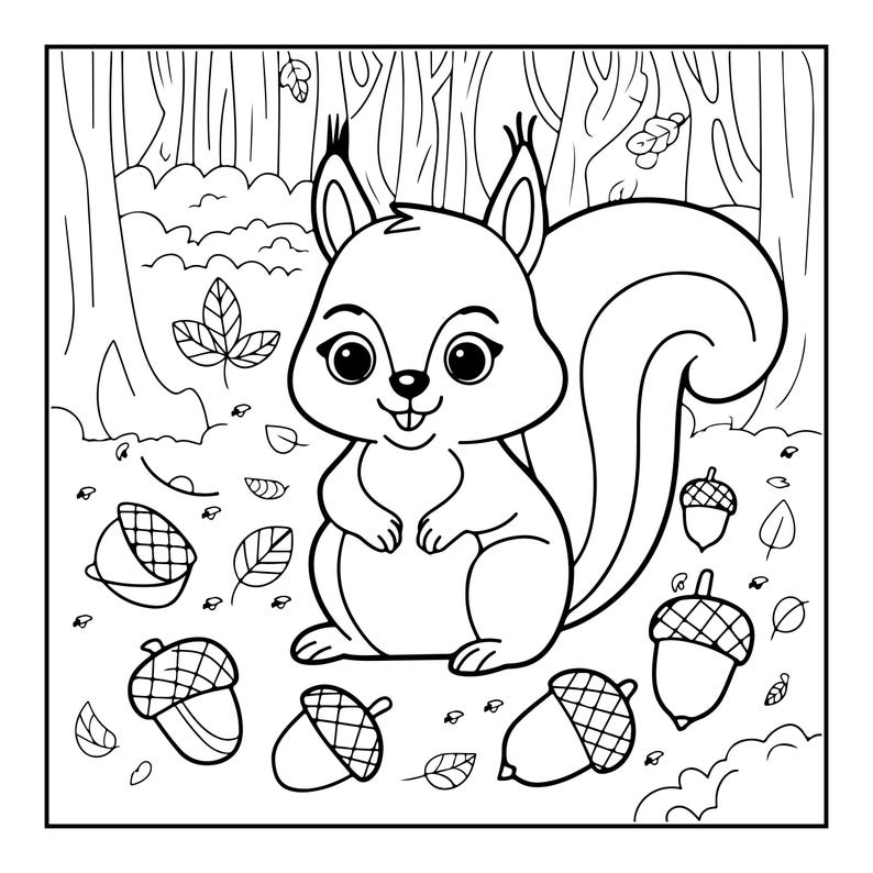 May include: A black and white line art coloring page featuring a cartoon squirrel with large eyes and a bushy tail, surrounded by several acorns and scattered leaves on the ground, with a forest of trees depicted in the background.