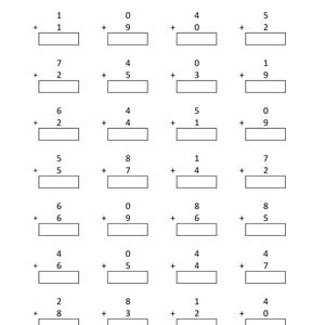 May include: A black and white educational worksheet titled Math - Addition Single Digit. The page features seven rows of four vertical addition problems, each consisting of two single-digit numbers and an empty rectangular box for the answer.
