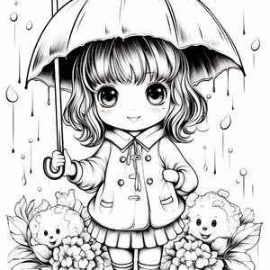 以下が含まれることがあります： 大きな目をした子供が雨の中で傘を差している白黒の線画イラスト。子供は襟付きのコートとスカートを着用し、花の中にいる2匹の小さな笑顔の生き物の間に立っている。