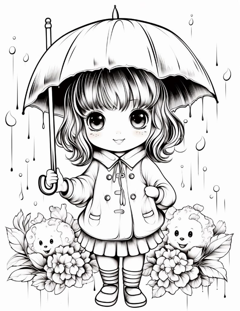 以下が含まれることがあります： 大きな目をした子供が雨の中で傘を差している白黒の線画イラスト。子供は襟付きのコートとスカートを着用し、花の中にいる2匹の小さな笑顔の生き物の間に立っている。