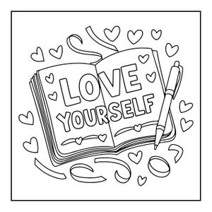 Pode incluir: Uma ilustra&ccedil;&atilde;o de arte linear em preto e branco de um caderno aberto com o texto LOVE YOURSELF impresso nas p&aacute;ginas. O caderno &eacute; cercado por v&aacute;rias formas de cora&ccedil;&otilde;es e fitas, com uma caneta descansando na p&aacute;gina da direita.