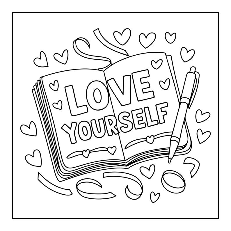 Pode incluir: Uma ilustra&ccedil;&atilde;o de arte linear em preto e branco de um caderno aberto com o texto LOVE YOURSELF impresso nas p&aacute;ginas. O caderno &eacute; cercado por v&aacute;rias formas de cora&ccedil;&otilde;es e fitas, com uma caneta descansando na p&aacute;gina da direita.