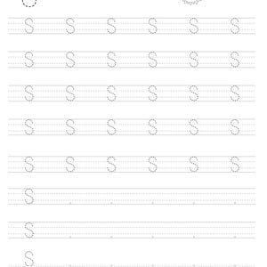 Pode incluir: Uma folha de exerc&iacute;cios educativa em preto e branco para praticar a letra S. A p&aacute;gina apresenta uma letra S grande em linhas pontilhadas, a palavra Sun, uma pequena ilustra&ccedil;&atilde;o de um sol e v&aacute;rias linhas de letras S pontilhadas.