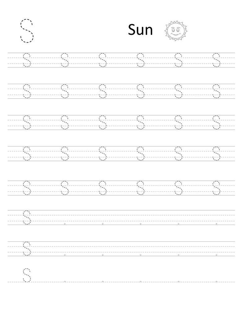 Pode incluir: Uma folha de exerc&iacute;cios educativa em preto e branco para praticar a letra S. A p&aacute;gina apresenta uma letra S grande em linhas pontilhadas, a palavra Sun, uma pequena ilustra&ccedil;&atilde;o de um sol e v&aacute;rias linhas de letras S pontilhadas.