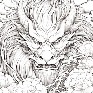 May include: A black and white line art illustration featuring a detailed dragon head with prominent horns, flowing mane, and a fierce expression, surrounded by stylized peony flowers and cloud patterns in the background.