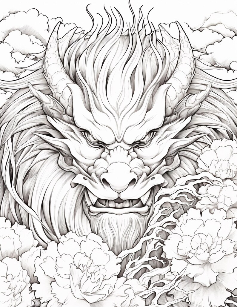 May include: A black and white line art illustration featuring a detailed dragon head with prominent horns, flowing mane, and a fierce expression, surrounded by stylized peony flowers and cloud patterns in the background.