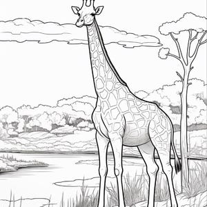 K&ouml;nnte beinhalten: Eine schwarz-wei&szlig;e Strichzeichnung einer Giraffe, die auf einem grasbewachsenen Ufer in der N&auml;he eines Gew&auml;ssers steht. Die Giraffe weist ein ausgepr&auml;gtes Fleckenmuster auf ihrem langen Hals und K&ouml;rper auf, mit einem hohen Baum und Landschaft im Hintergrund.