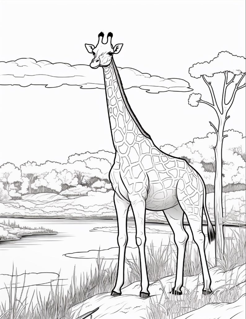 K&ouml;nnte beinhalten: Eine schwarz-wei&szlig;e Strichzeichnung einer Giraffe, die auf einem grasbewachsenen Ufer in der N&auml;he eines Gew&auml;ssers steht. Die Giraffe weist ein ausgepr&auml;gtes Fleckenmuster auf ihrem langen Hals und K&ouml;rper auf, mit einem hohen Baum und Landschaft im Hintergrund.