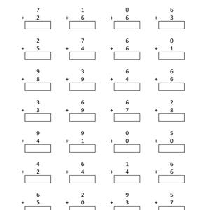 May include: A black and white educational worksheet titled Math - Addition Single Digit, featuring seven rows of four vertical addition problems. Each problem consists of two single-digit numbers stacked with a plus sign and an empty rectangular box.
