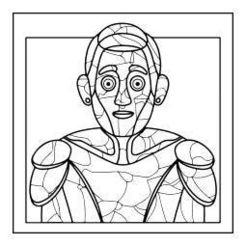 A line art drawing of a person's upper body with a surprised expression, depicted in a segmented, geometric style, set against a square background.