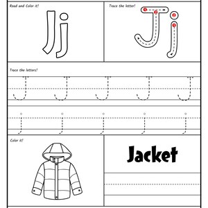 A black-and-white alphabet worksheet for the letter J featuring stroke order guides, uppercase and lowercase tracing lines, a coloring picture of a jacket, and a letter recognition activity at the bottom.