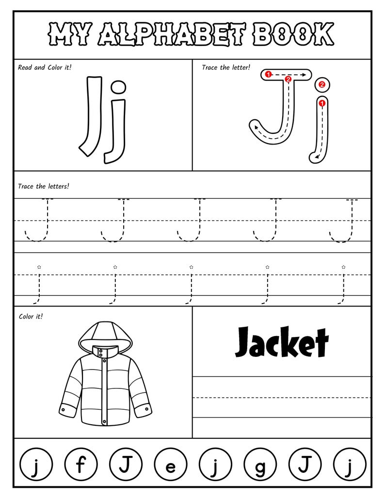 A black-and-white alphabet worksheet for the letter J featuring stroke order guides, uppercase and lowercase tracing lines, a coloring picture of a jacket, and a letter recognition activity at the bottom.