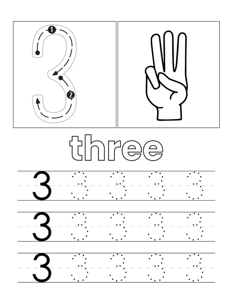 May include: A black and white educational worksheet for the number three. It features a large dashed numeral 3 with directional arrows, a hand showing three fingers, the word three, and three rows of practice lines with the numeral 3 to trace.