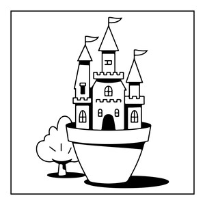 Peut inclure: Un dessin au trait noir et blanc repr&eacute;sentant un ch&acirc;teau plac&eacute; &agrave; l'int&eacute;rieur d'un grand pot de fleurs. Le ch&acirc;teau comporte trois tours pointues surmont&eacute;es de drapeaux, des fen&ecirc;tres en arc et une porte centrale arqu&eacute;e. Un petit arbre stylis&eacute; est situ&eacute; sur le c&ocirc;t&eacute; gauche.