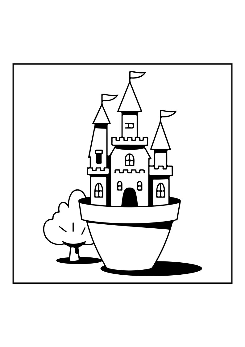 Peut inclure: Un dessin au trait noir et blanc repr&eacute;sentant un ch&acirc;teau plac&eacute; &agrave; l'int&eacute;rieur d'un grand pot de fleurs. Le ch&acirc;teau comporte trois tours pointues surmont&eacute;es de drapeaux, des fen&ecirc;tres en arc et une porte centrale arqu&eacute;e. Un petit arbre stylis&eacute; est situ&eacute; sur le c&ocirc;t&eacute; gauche.