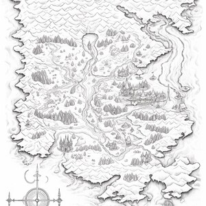 Pode incluir: Uma ilustra&ccedil;&atilde;o a tinta preta e branca de um mapa de fantasia com cadeias de montanhas irregulares, florestas densas, rios sinuosos e v&aacute;rias estruturas de castelos. Uma rosa dos ventos detalhada com s&iacute;mbolos lunares est&aacute; no canto.