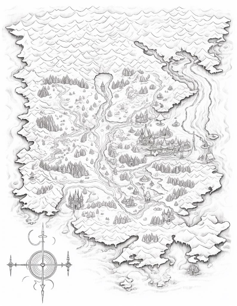 Pode incluir: Uma ilustra&ccedil;&atilde;o a tinta preta e branca de um mapa de fantasia com cadeias de montanhas irregulares, florestas densas, rios sinuosos e v&aacute;rias estruturas de castelos. Uma rosa dos ventos detalhada com s&iacute;mbolos lunares est&aacute; no canto.