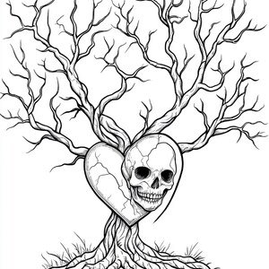 Puede incluir: Una ilustraci&oacute;n de arte lineal en blanco y negro que muestra un &aacute;rbol sin hojas con ra&iacute;ces expuestas. Una forma de coraz&oacute;n est&aacute; integrada en el tronco y un cr&aacute;neo humano est&aacute; posicionado parcialmente dentro del coraz&oacute;n, con grietas visibles en ambos.