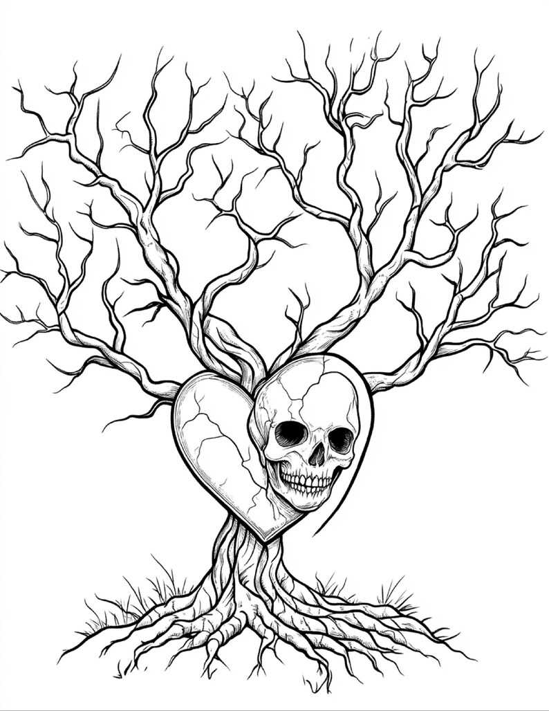 Puede incluir: Una ilustraci&oacute;n de arte lineal en blanco y negro que muestra un &aacute;rbol sin hojas con ra&iacute;ces expuestas. Una forma de coraz&oacute;n est&aacute; integrada en el tronco y un cr&aacute;neo humano est&aacute; posicionado parcialmente dentro del coraz&oacute;n, con grietas visibles en ambos.