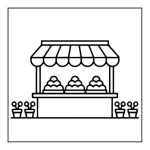 May include: A black and white line art illustration of a market stall with a striped awning. The stall features a counter displaying three piles of round items. Two small potted plants are positioned on each side of the base of the stall.