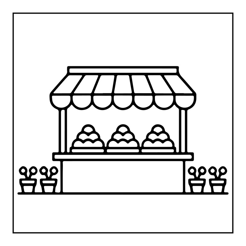 May include: A black and white line art illustration of a market stall with a striped awning. The stall features a counter displaying three piles of round items. Two small potted plants are positioned on each side of the base of the stall.