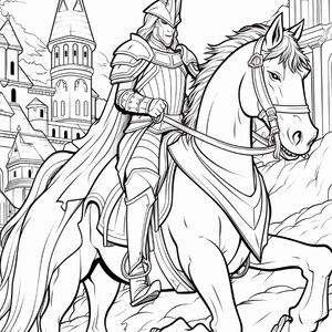K&ouml;nnte beinhalten: Eine schwarz-wei&szlig;e Malvorlage, die einen Ritter in Plattenr&uuml;stung und mit geh&ouml;rntem Helm auf einem Pferd zeigt. Der Ritter h&auml;lt die Z&uuml;gel, w&auml;hrend er an einer gro&szlig;en Steinburg mit hohen T&uuml;rmen und Spitzen im Hintergrund vorbeireitet.