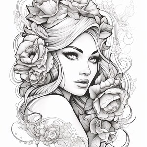 May include: A black and white line art illustration featuring a portrait of a person with long flowing hair adorned with large, detailed floral blossoms. The design includes intricate swirling patterns and leaves surrounding the face.