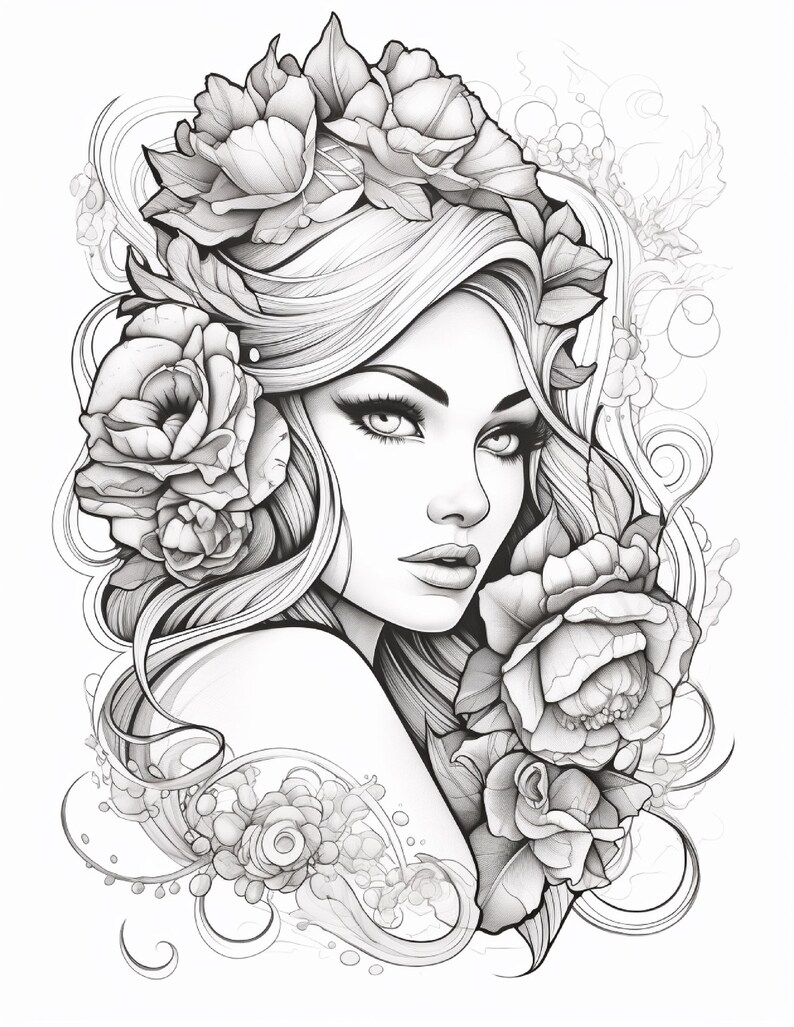 May include: A black and white line art illustration featuring a portrait of a person with long flowing hair adorned with large, detailed floral blossoms. The design includes intricate swirling patterns and leaves surrounding the face.