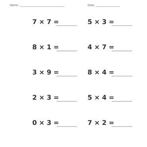 May include: A white educational worksheet titled Multiplication &bull; Single Digit with blank lines for Name and Date. It features ten maths problems arranged in two columns, including 7x7, 5x3, 8x1, 4x7, 3x9, 8x4, 2x3, 5x4, 0x3, and 7x2, with Page 4 of 100.