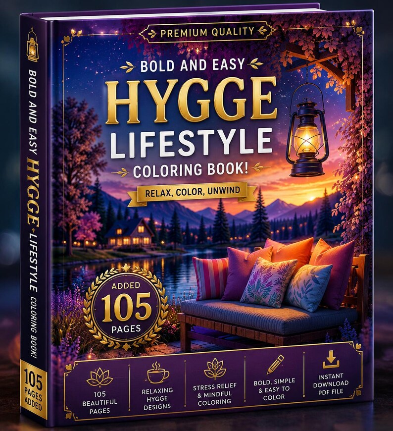 May include: A hardback colouring book titled Bold and Easy Hygge Lifestyle Colouring Book with 105 pages. The cover features a purple and orange sunset landscape with a lake, a cabin, a lantern, and a bench with cushions. Text includes Premium Quality, Relax, Colour, Unwind, and 105 Pages Added.