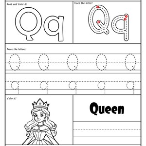 A black-and-white alphabet worksheet for the letter Q featuring stroke order guides, uppercase and lowercase tracing lines, a coloring picture of a queen wearing a crown, and a letter recognition activity at the bottom.