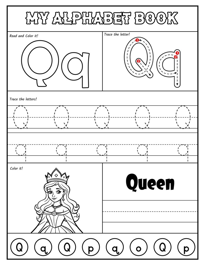 A black-and-white alphabet worksheet for the letter Q featuring stroke order guides, uppercase and lowercase tracing lines, a coloring picture of a queen wearing a crown, and a letter recognition activity at the bottom.