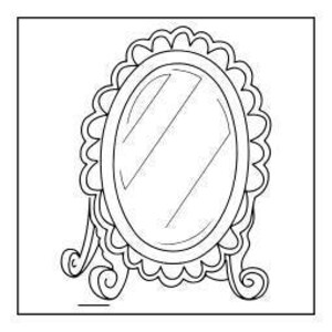 A line art drawing of an ornate, oval-shaped standing mirror with a scalloped frame and decorative base, set against a square background.