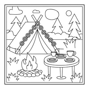 A black and white line art coloring page showing a campsite with a tent, a campfire, and a table set with cups and plates.