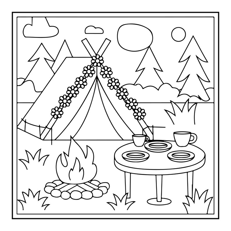 A black and white line art coloring page showing a campsite with a tent, a campfire, and a table set with cups and plates.