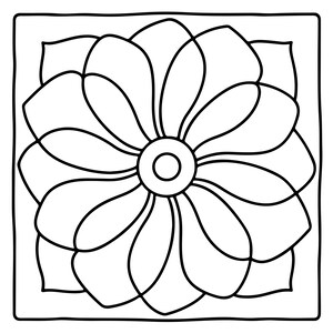May include: A square line art illustration featuring a central circular element surrounded by multiple overlapping petal shapes. The design is composed of bold black outlines on a white background, creating a symmetrical floral pattern within a square frame.