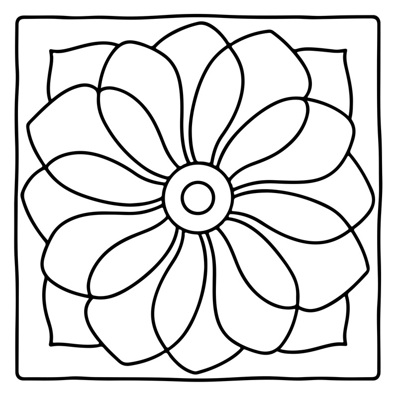 May include: A square line art illustration featuring a central circular element surrounded by multiple overlapping petal shapes. The design is composed of bold black outlines on a white background, creating a symmetrical floral pattern within a square frame.