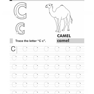 An alphabet tracing worksheet featuring a camel illustration and rows of dotted letter C characters.